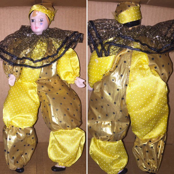 Vintage Masquerade Clown Doll Yellow/Gold Outfit