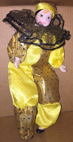 Vintage Masquerade Clown Doll Yellow/Gold Outfit