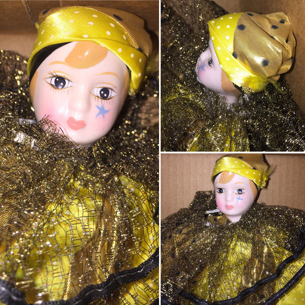 Vintage Masquerade Clown Doll Yellow/Gold Outfit