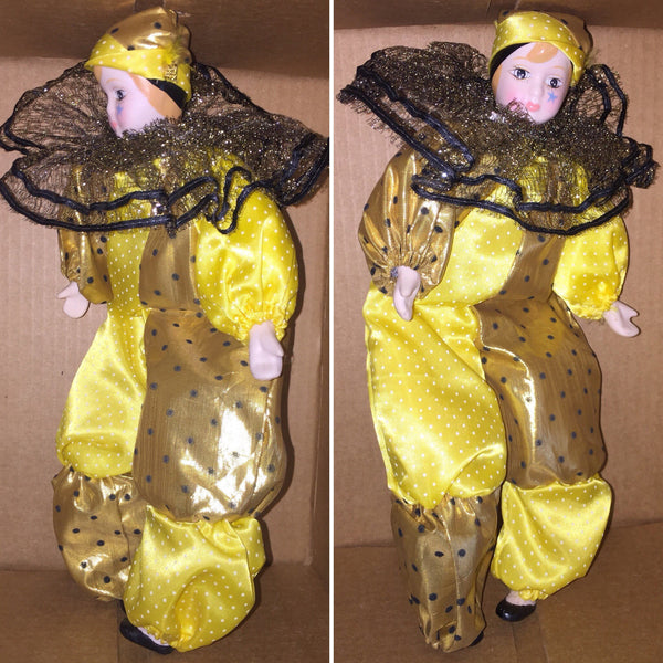 Vintage Masquerade Clown Doll Yellow/Gold Outfit