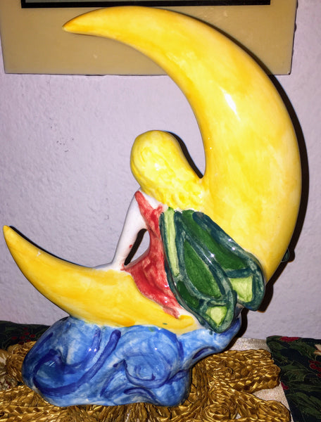 Ceramic Mystical Fairy Sitting on a Half Moon Vintage Handmade