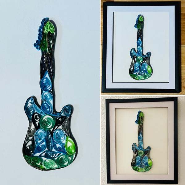 Handcrafted Quilled Paper Art Green Electric Guitar Wall Decor