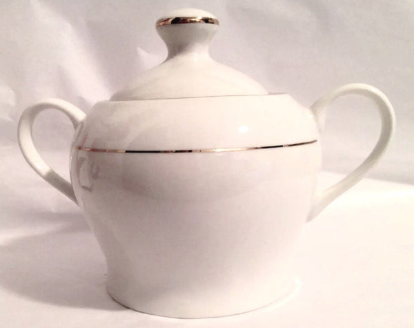 Vintage Tangshan Lizhong Ceramics Sugar Dish Bowl White with Silver Trim