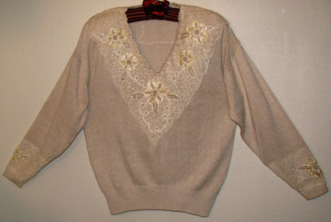 Mariea Kim Vintage Pull Over Ivory Sweater Size L Pearl/Beads 80's