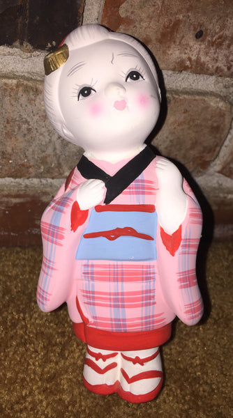 Ceramic Doll in Pink Kimono, Handmade Geisha, Japanese, Oriental, Asian