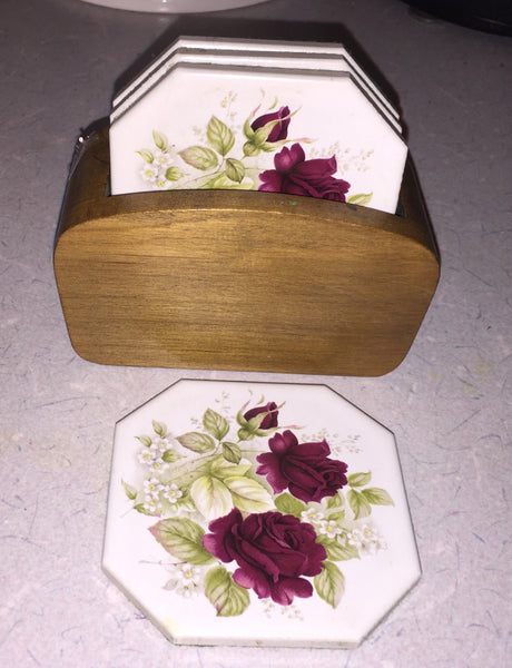 Ceramic Coasters Roses Pattern in Handcrafted Wooden Box