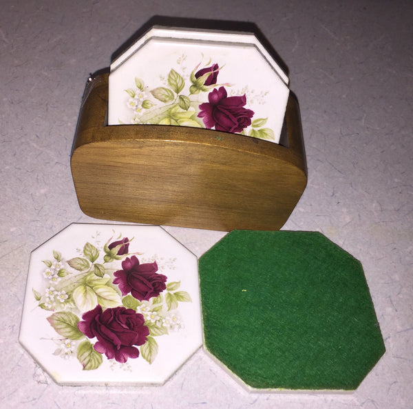 Ceramic Coasters Roses Pattern in Handcrafted Wooden Box