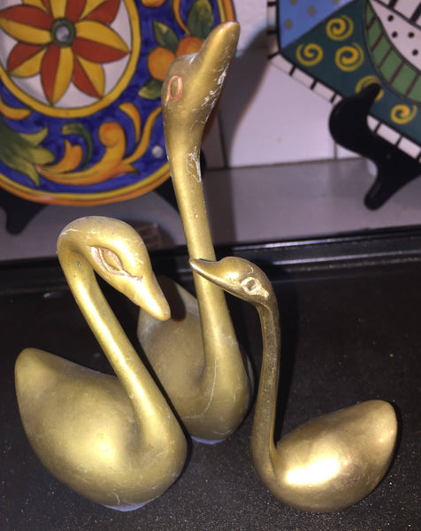 Vintage Sweet Little Family of 3 Brass Swan Figurines