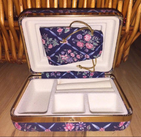 Vintage Collectible Jewelry Box Case Blue Floral 4.5x3.5