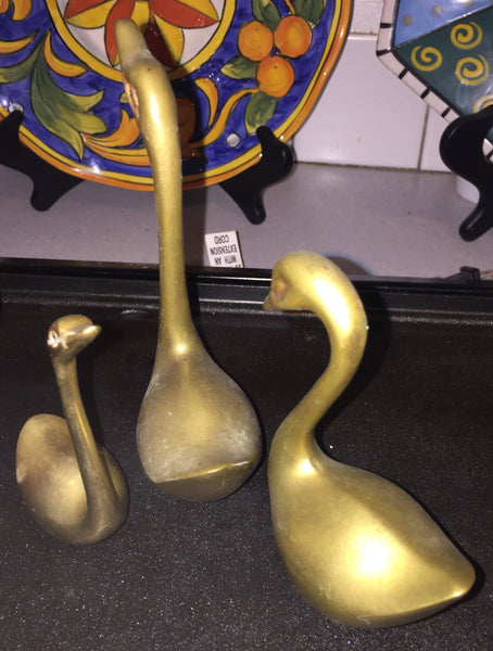 Vintage Sweet Little Family of 3 Brass Swan Figurines