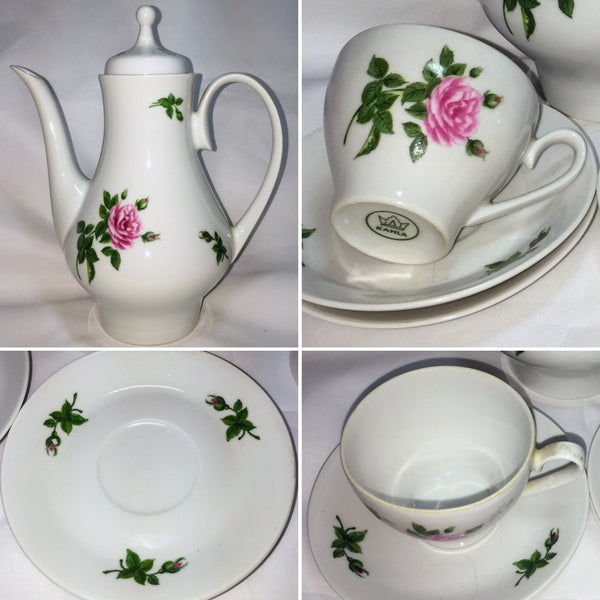 Vintage Kahla Made in Germany Rose Pattern Design TeaPot 2 Cups Saucers