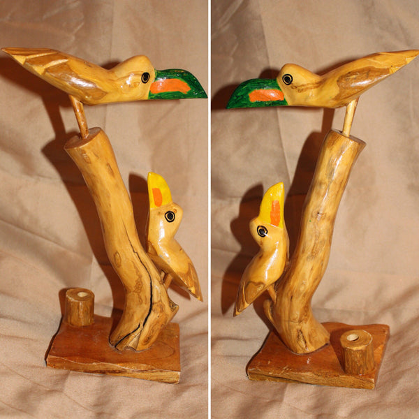 Vintage Handmade Hand Carved Wooden Toucan Birds Pen Holder