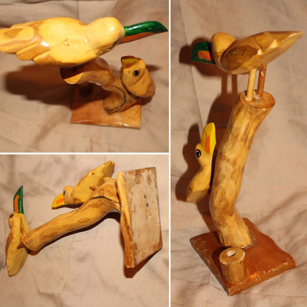 Vintage Handmade Hand Carved Wooden Toucan Birds Pen Holder