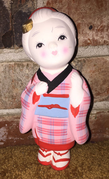 Ceramic Doll in Pink Kimono, Handmade Geisha, Japanese, Oriental, Asian