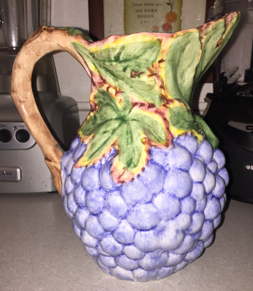 Vintage Handmade Ceramic Pitcher Grapes Handpainted