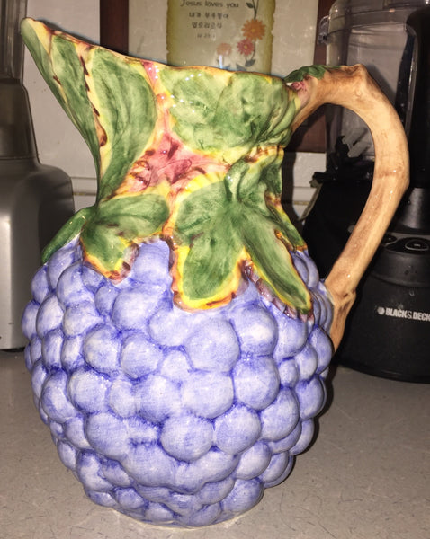 Vintage Handmade Ceramic Pitcher Grapes Handpainted