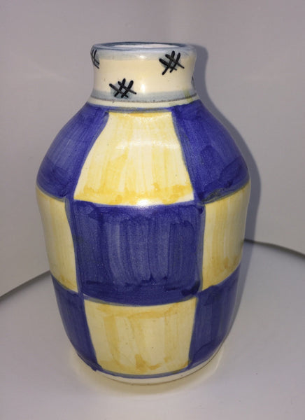 Ceramic Vase Blue and Yellow Chess Pattern Handmade in 1996