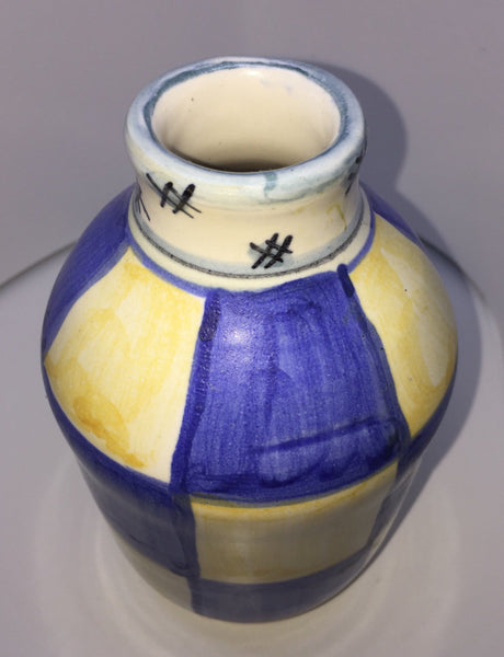 Ceramic Vase Blue and Yellow Chess Pattern Handmade in 1996