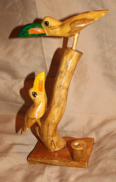 Vintage Handmade Hand Carved Wooden Toucan Birds Pen Holder