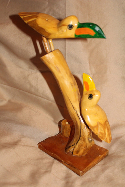 Vintage Handmade Hand Carved Wooden Toucan Birds Pen Holder