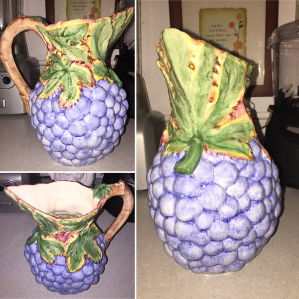 Vintage Handmade Ceramic Pitcher Grapes Handpainted