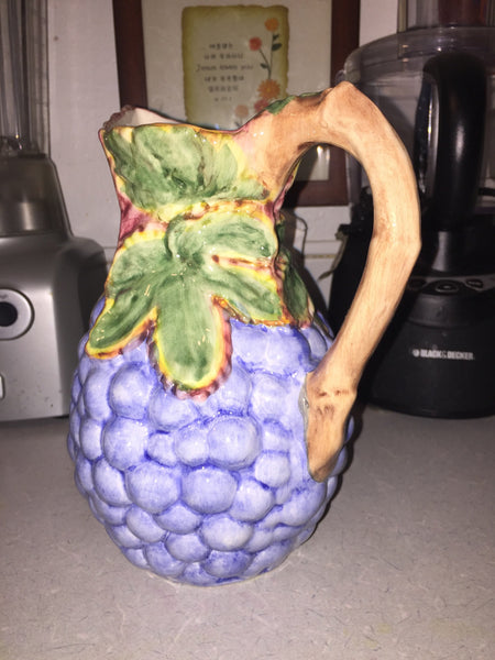 Vintage Handmade Ceramic Pitcher Grapes Handpainted