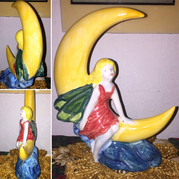 Ceramic Mystical Fairy Sitting on a Half Moon Vintage Handmade