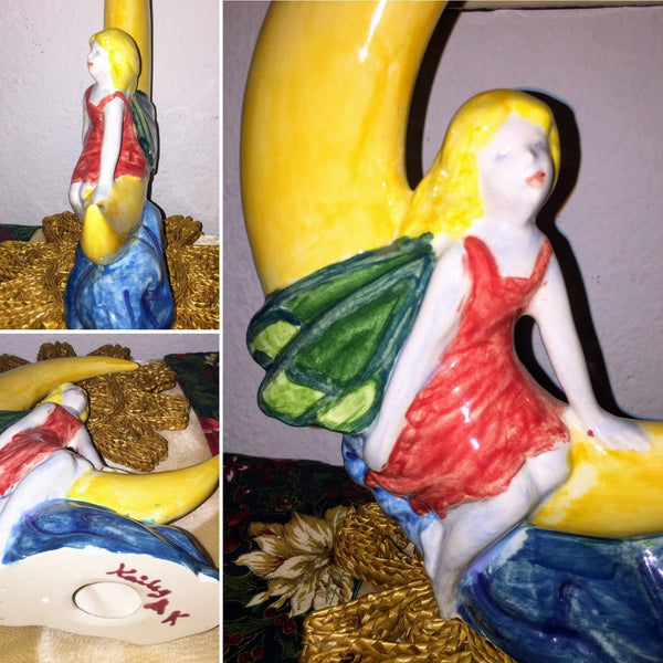 Ceramic Mystical Fairy Sitting on a Half Moon Vintage Handmade