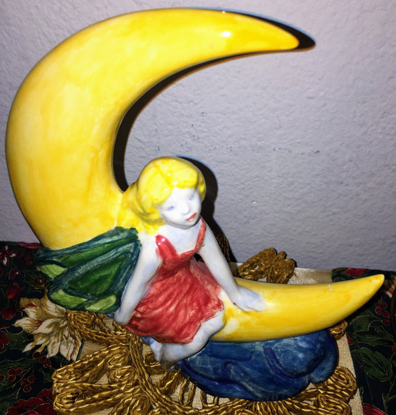 Ceramic Mystical Fairy Sitting on a Half Moon Vintage Handmade