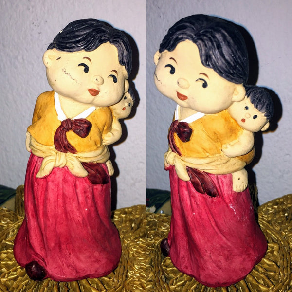 Oriental, Asian Woman and Child Ceramic Doll Handmade, Handpainted