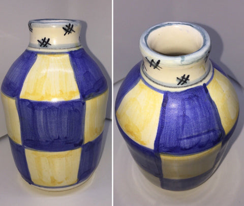 Ceramic Vase Blue and Yellow Chess Pattern Handmade in 1996