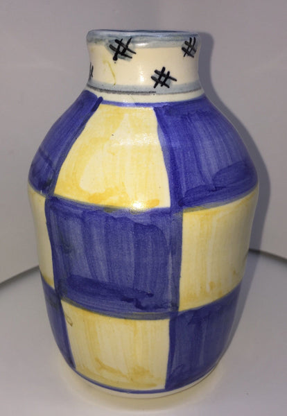 Ceramic Vase Blue and Yellow Chess Pattern Handmade in 1996