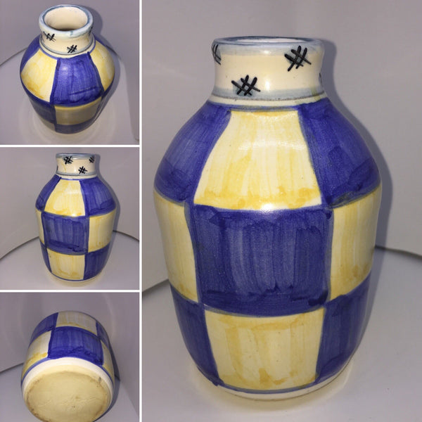 Ceramic Vase Blue and Yellow Chess Pattern Handmade in 1996