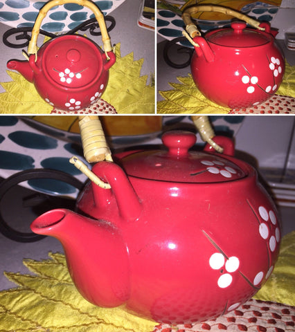 Vintage World Market Teapot Red with White Cherry Blossom