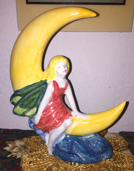 Ceramic Mystical Fairy Sitting on a Half Moon Vintage Handmade