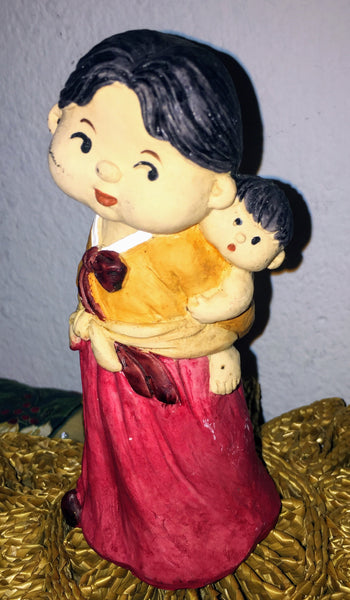 Oriental, Asian Woman and Child Ceramic Doll Handmade, Handpainted