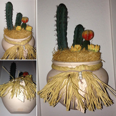 Bohemian Vintage Ceramic Vase with Faux Cactus Wall Decor