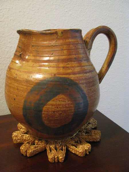 Vintage Handmade Pitcher Clay Big "O" Hand-Painted