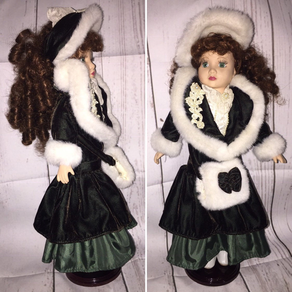 porcelain doll with green velvet dress Vintage Victorian Porcelain Doll in a Green Dress Christmas Holiday Doll