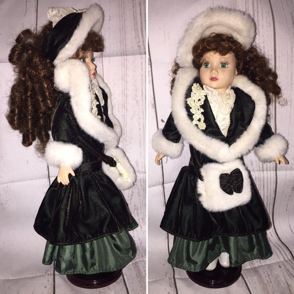 Vintage Victorian Porcelain Doll in a Green Dress Christmas Holiday Doll