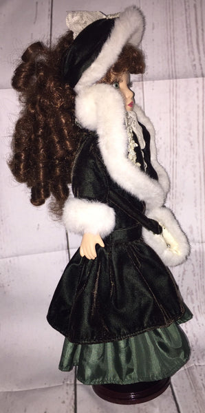 Vintage Victorian Porcelain Doll in a Green Dress Christmas Holiday Doll