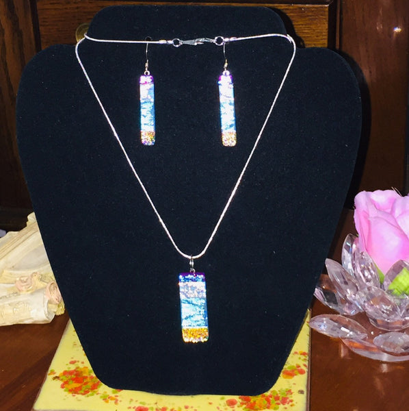 Iridescent Dichroic Art Glass Jewelry Set Pendant and Earrings