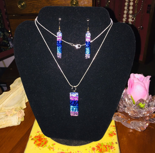 Iridescent Dichroic Art Glass Jewelry Set Pendant and Earrings