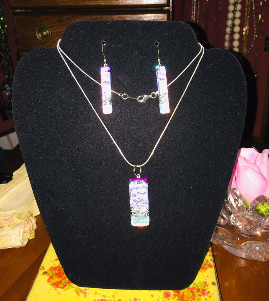 Iridescent Dichroic Art Glass Jewelry Set Pendant and Earrings