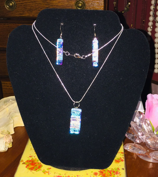 Iridescent Dichroic Art Glass Jewelry Set Pendant and Earrings