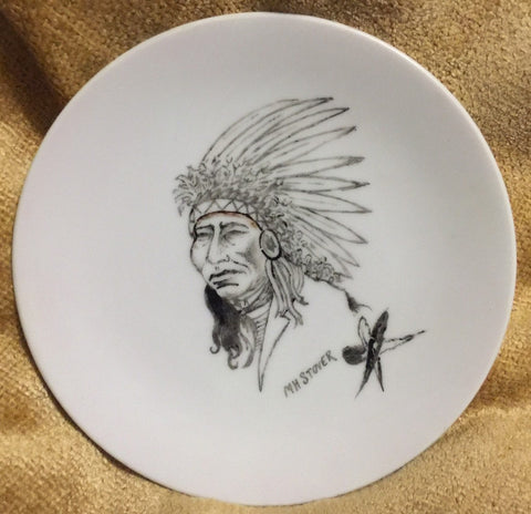 Vintage MH Stover porcelain small plate Hand-Painted Indian Chief