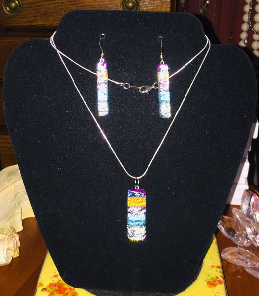 Iridescent Dichroic Art Glass Jewelry Set Pendant and Earrings