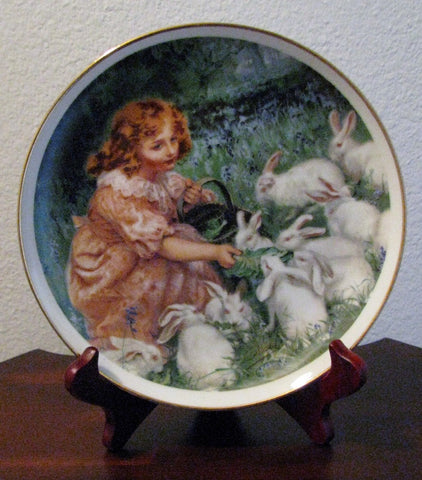 Vintage Porcelain Plate Girl Feeding Rabbits by Frederick Morgan