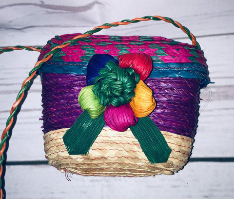 Vintage Small Multicolor Raffia Flowers Bag Purse