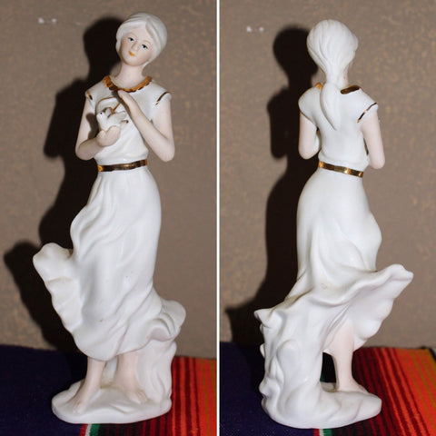 Vintage Girl in White Holding a Dove Bird Porcelain Figurine